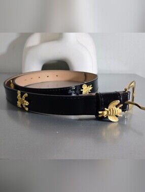​A. BROD Vintage Black Patent Leather Bee Frog Charm Belt 1X Made in USA Italy B